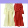 Elegant Polyester Long Sleeve Pleated Dress For Women With Round Neck For Spring