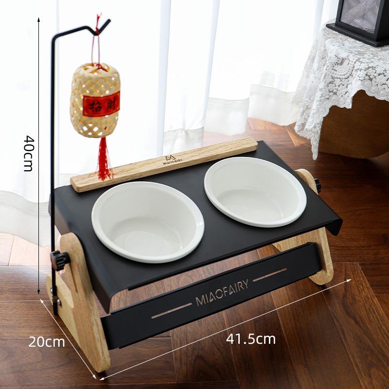 Adjustable Height Pet Feeder Stand with 2 Dishwasher-Stainless Steel Bowls–Wood Top& Metal Frame Elevated Food/Water Station