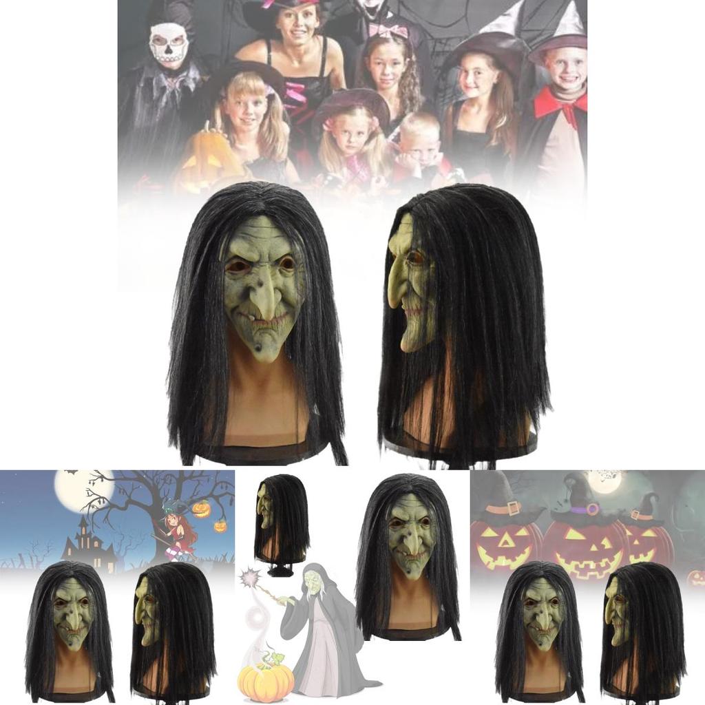 Classic Evil Witch Latex Mask For Halloween Party Costume With Scary Black Hair
