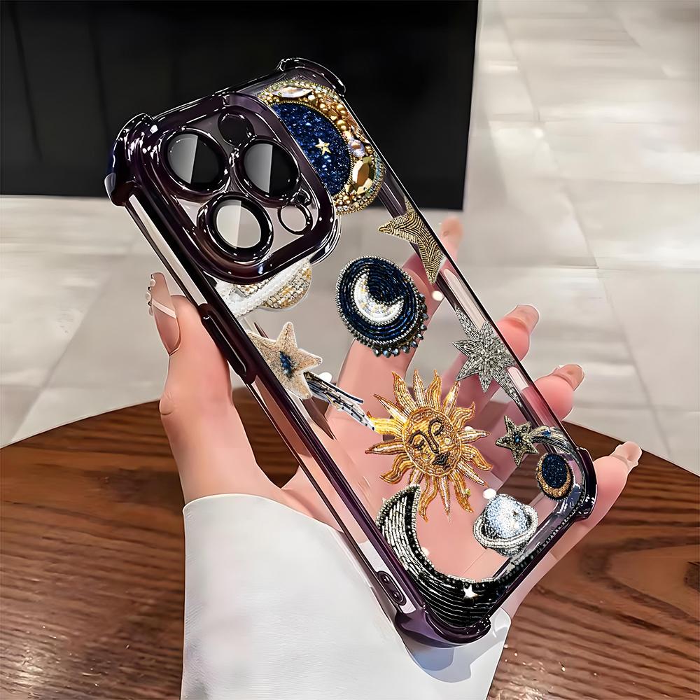 

Retro Sun Star Pattern Electroplate AntiDrop Phone Case For Samsung Galaxy S25 Ultra S24 S23 S22 S21 Plus FE Transparent Cover Galaxy S21 Ultra 5G