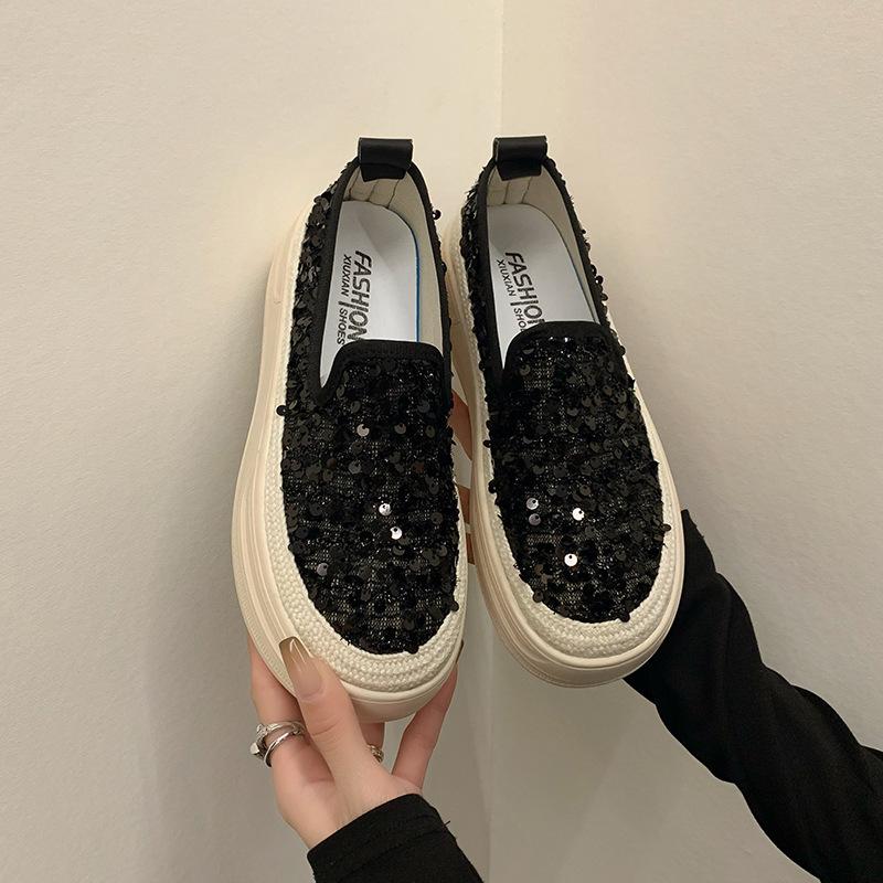

Sequined fisherman platform loafers women s spring and autumn new lazy one-pedal breathable fashion casual shoes 35 чёрный