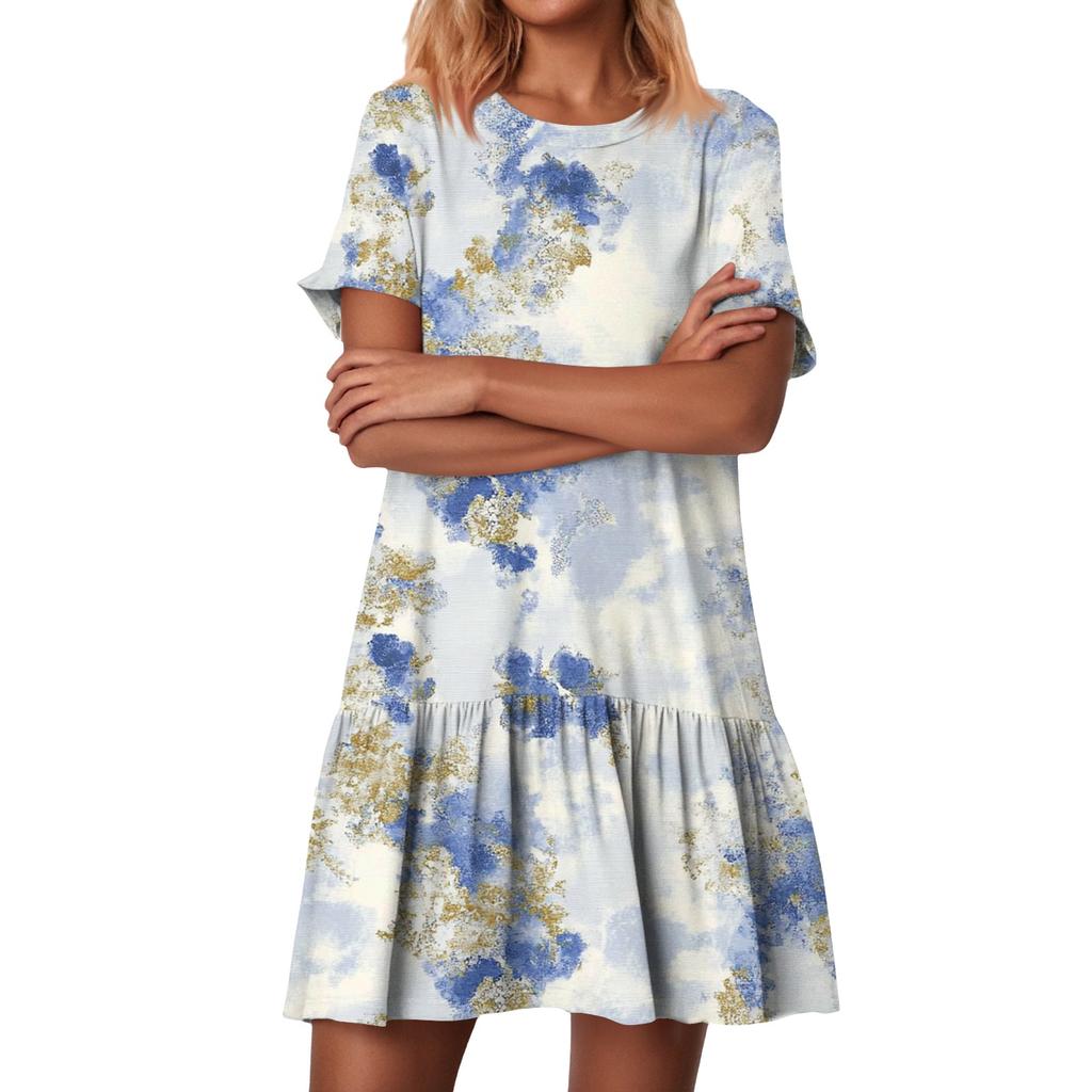 Women's Fashion Casual Round Neck Short Sleeve Ruffled Vintage Printed Dresses