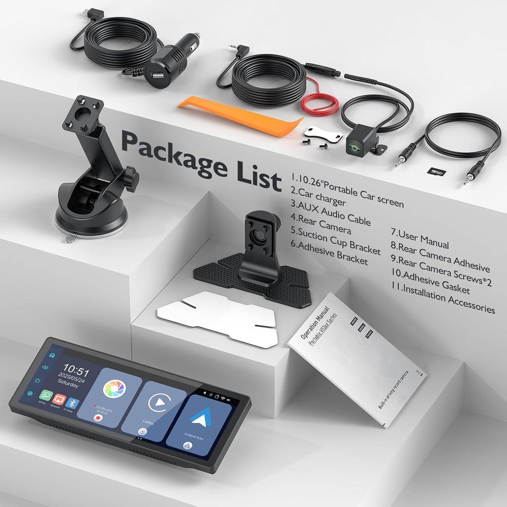 10.26" Portable Wireless Carplay Screen for Car, 4K HD Car Stereo Touch Screen with Apple CarPlay/Android Auto, 4K Dash Cam, 1080P Backup Camera,