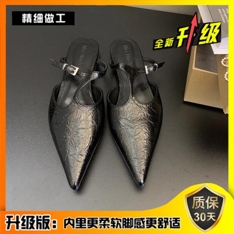 

Весна и лето 2025 новая сумка голова французские полушлепанцы для улицы толстый каблук ретро Т-образный ремешок с острым носком туфли-лодочки женская обувь 55 yards and half yards pad