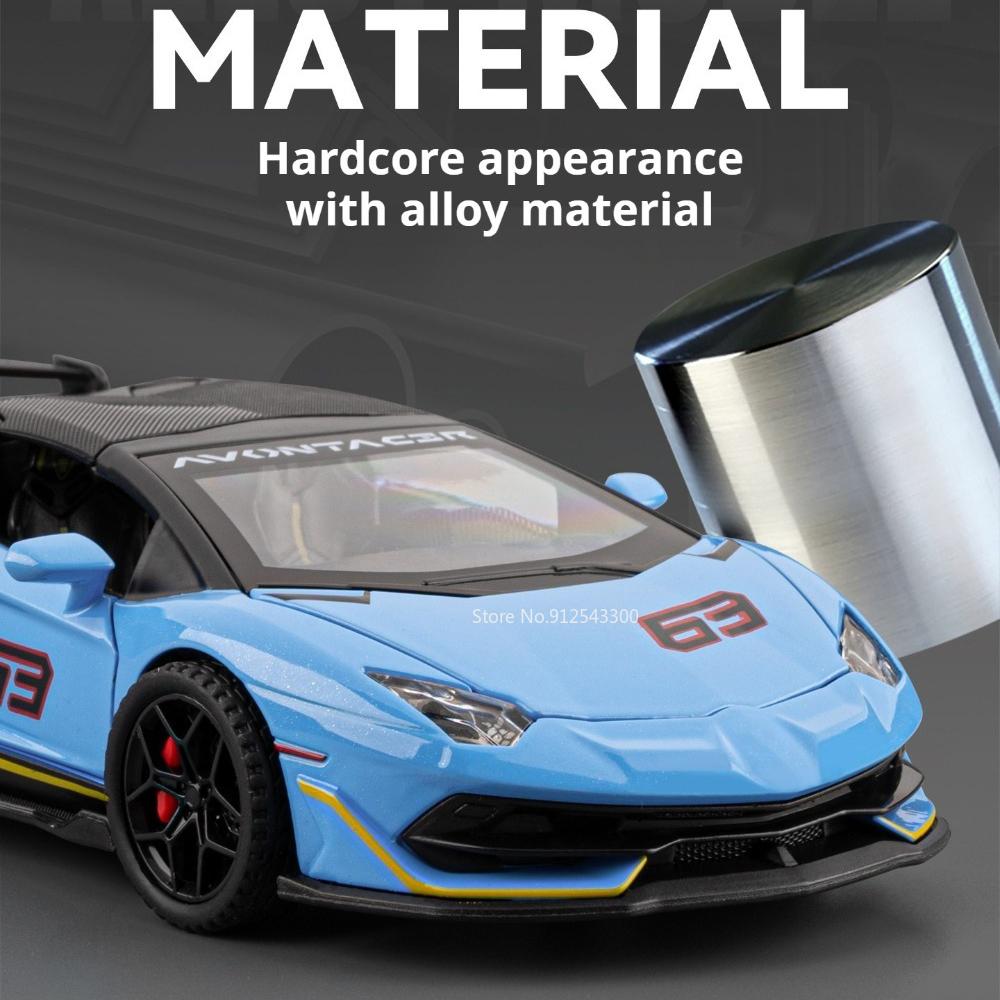 1:32 Scale SVJ63 Revuelto Sports Car Model Toy Alloy Body Rubber Tires Sound Light Supercar Models Kids Collection Presents