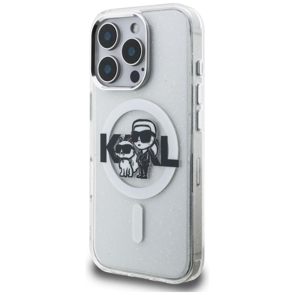 Karl Lagerfeld IML Glitter Karl & Choupette Sketch Logo MagSafe Case for iPhone 16 Pro Max Transparent