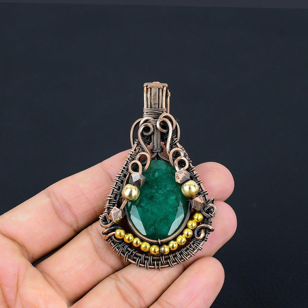 Emerald Pendant, 999 Copper Wire Wrapped Pendant Gemstone Jewelry, Handmade Pendant Amazing Jewelry, Gift For Her