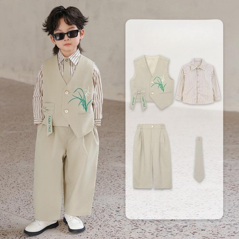 Kids Boys Chinese Style Formal Suit Set Orchid Embroidered Vest Striped Shirt Pants Gentleman Outfit for Wedding Birthday Party
