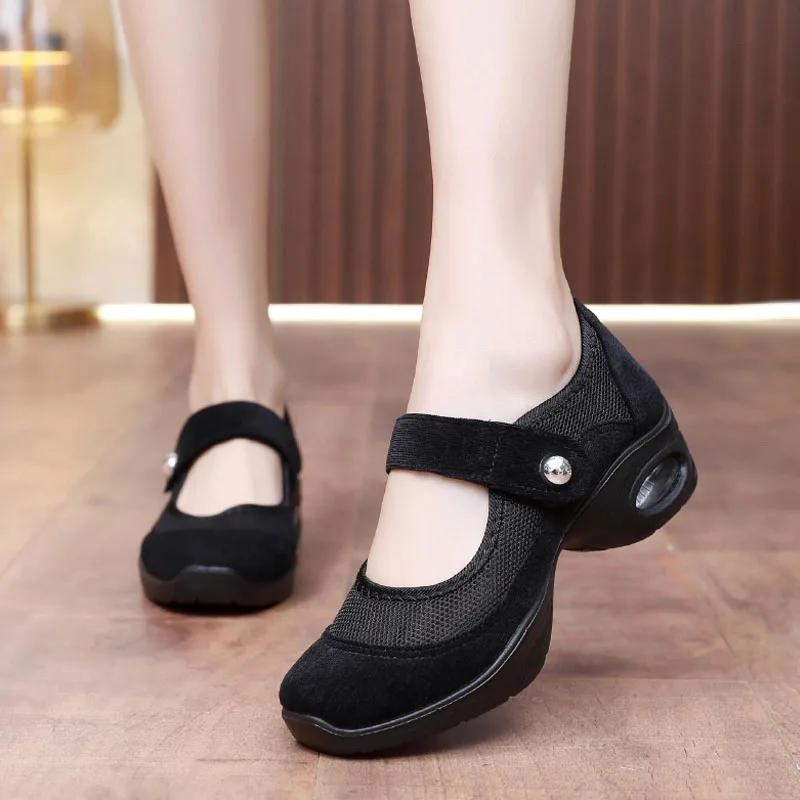 2024 Damskie Obcasy Modne Sztruksowe Siatkowe Trampki Platformowe Obcasy Blokowe Buty Mary Jane Casual Miękka Podeszwa Rzep i Pętelka Buty do Tańca