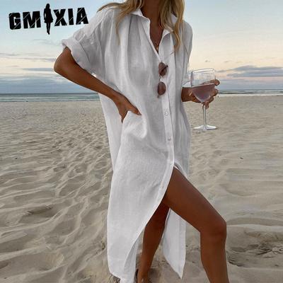 Moda feminina verão primavera cor sólida estampa manga longa gola polo cintura alta vestidos casuais