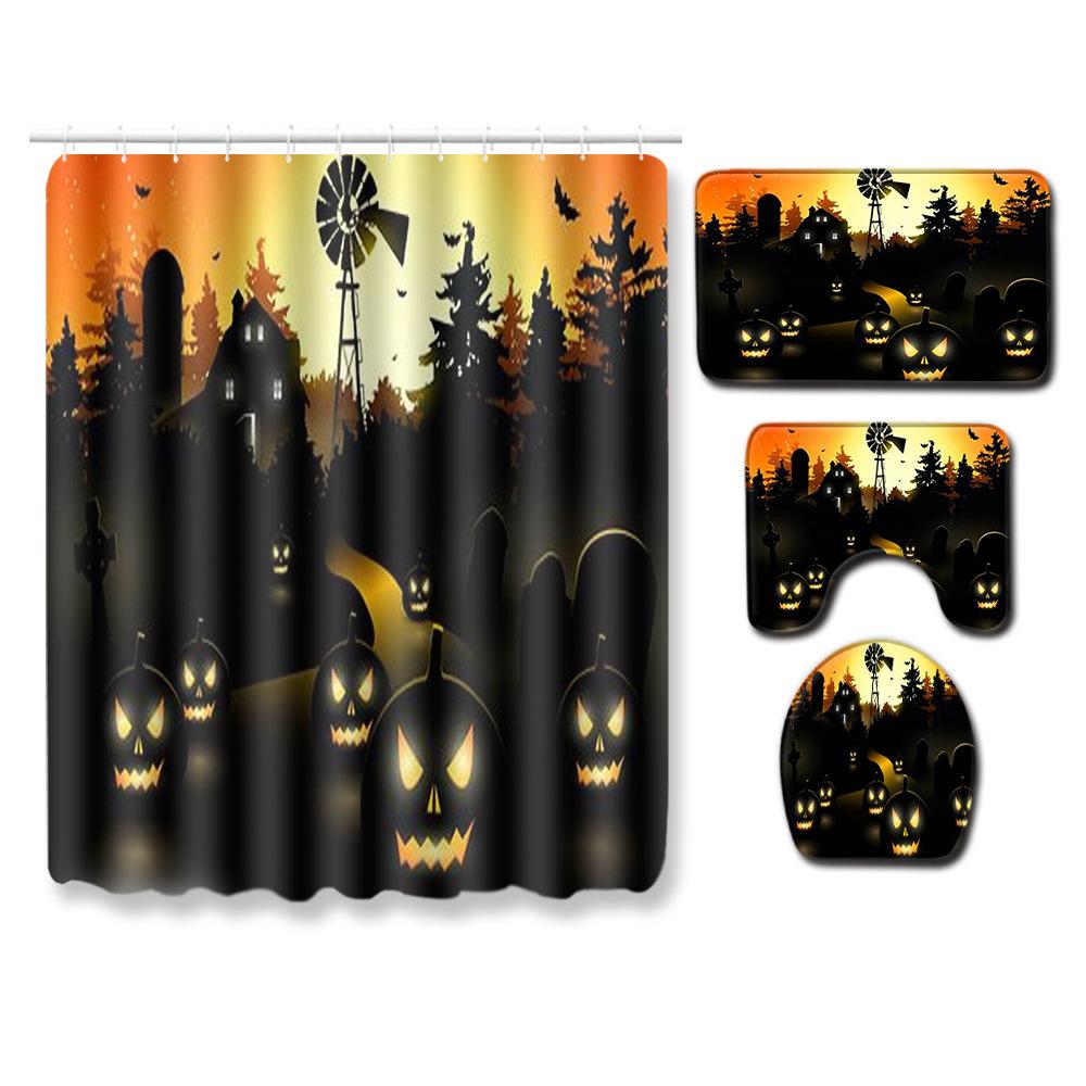 Halloween Series Bathroom Shower Curtain Floor Mat Toilet Cover Foot Mat Four-Piece Pattern Size