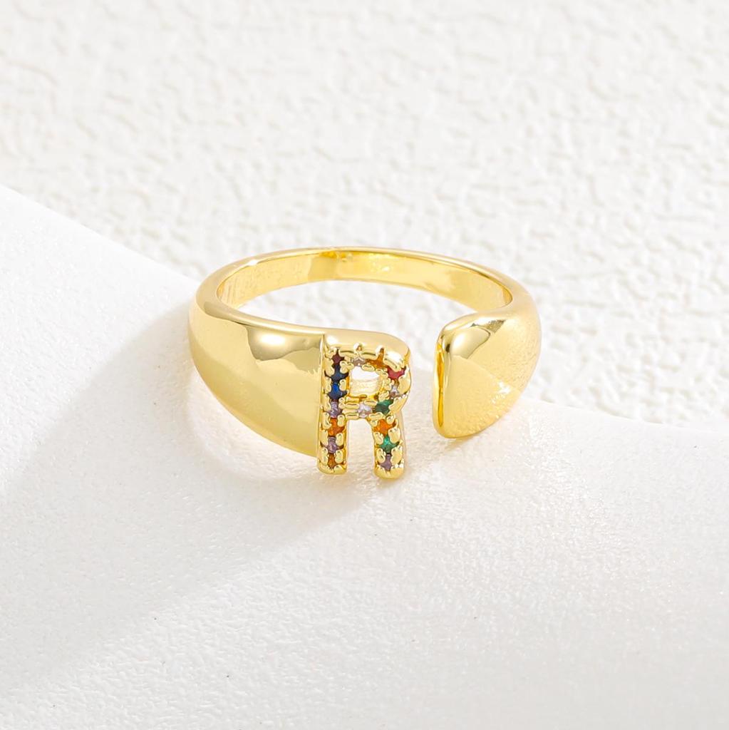 Fashionable Colorful Zircon Alphabet Adjustable Retro Ring