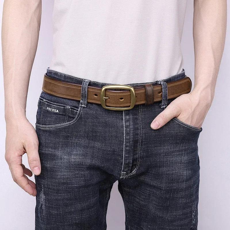 3.3 CM Pure Cowhide Genuine Leather for Men's Women High Quality Jeans Brass Buckle Belts Cowboy Waistband Male Fashion Designer