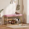 Bench and Shoe Storage, Tufted Shoe Storage Bench with Velvet Seat Cushion Gold Steel Frame for Entryway, Pink