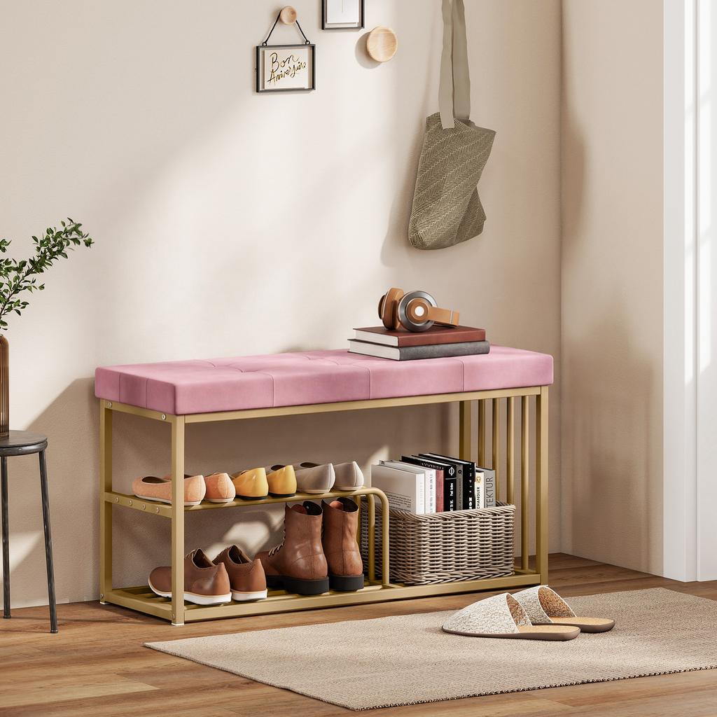 Bench and Shoe Storage, Tufted Shoe Storage Bench with Velvet Seat Cushion Gold Steel Frame for Entryway, Pink