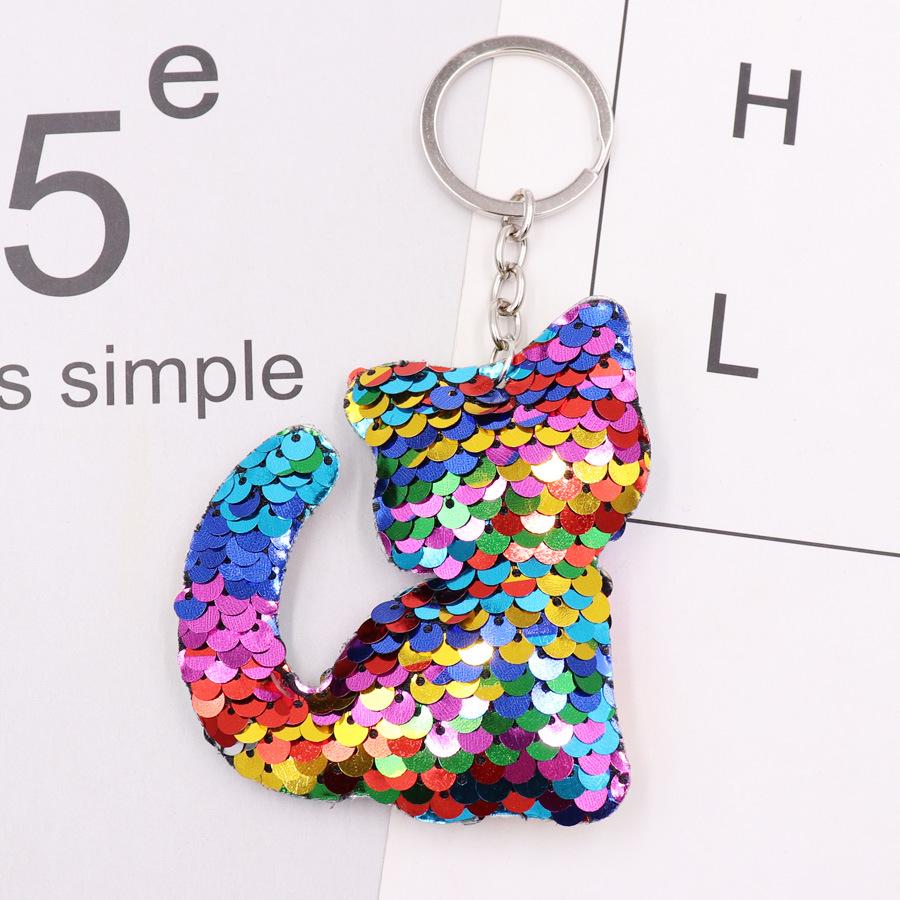 Reflective Double-Sided Kitten Sequin Keychain Keyring Pendant Sequin Keychain (Silver Single Ring)
