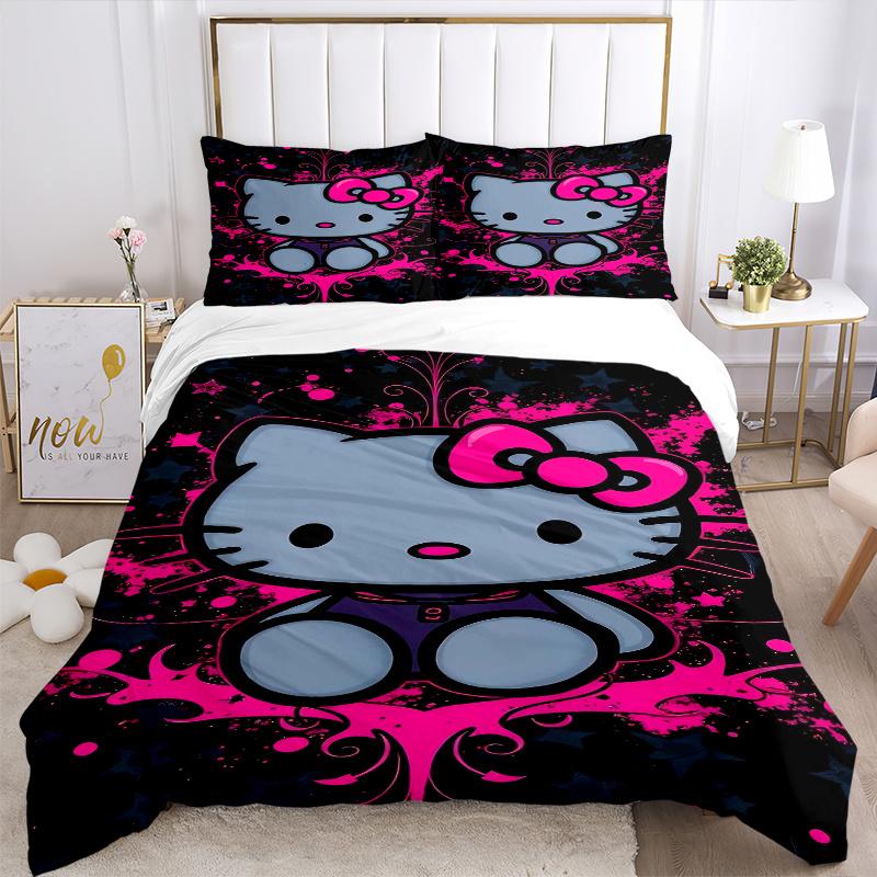 3pcs Cute and Fashion Hello Kitty Bedding Set Includes Quilt Cover and Pillowcases, Suitable for All Seasons, Machine Washable Ideal Gift S009