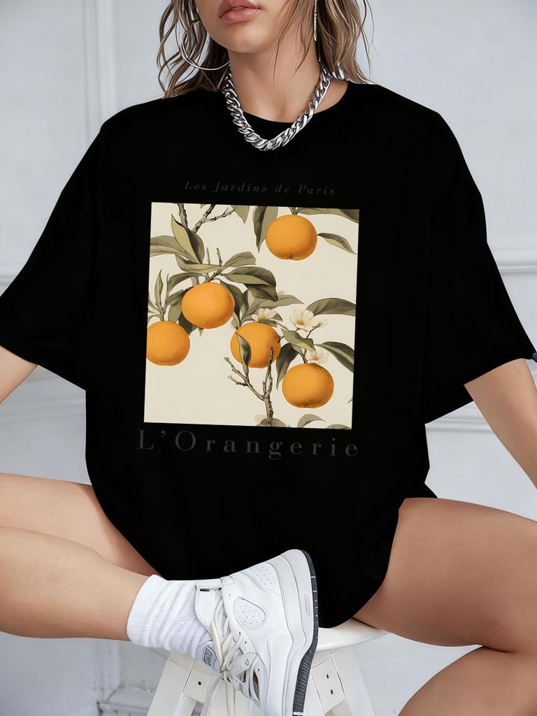 Fresh Oranges Fruits Print Short Sleeve TShirts Womens Summer Cotton Tee Shirts Loose ONeck Soft Tops Casual Womans Clothes
