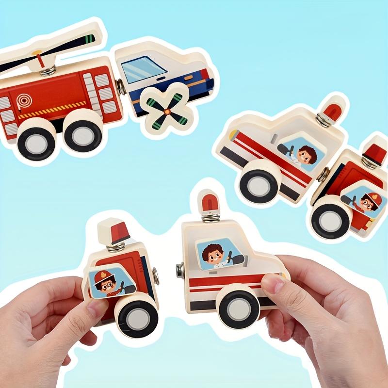 Traffic Vehicle Assembly Blocks, Wooden 3D Puzzle, 3 Dimensional Fire Truck, Ambulance, Police Car, Helicopter Puzzle,Buckle Style Assembly Toy