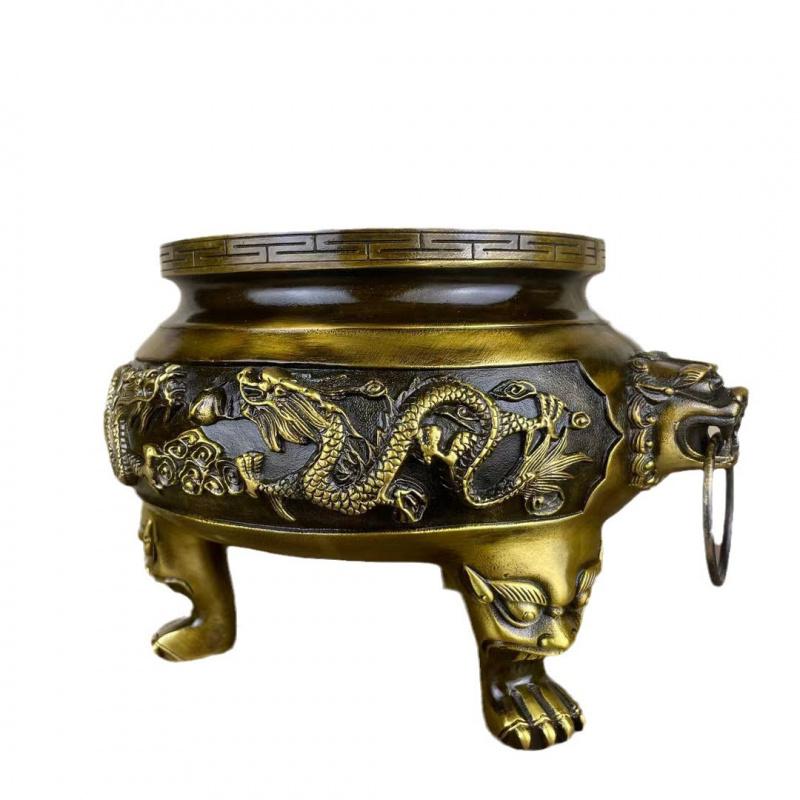 Copper Brass Household Indoor Offering Buddha God Of Wealth Double Dragon Three Legs Incense Burner Large