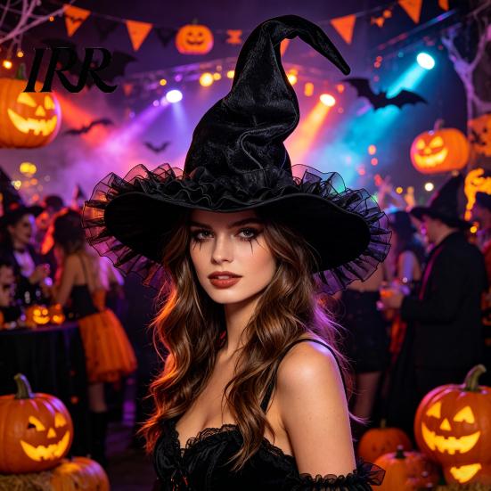 Non-itchy Halloween Hat Women's Large Ruched Witch Hat, Felt Wizard with Elegant Dark Ruffle/Flowers/Mesh, Adults Cosplay Costume for