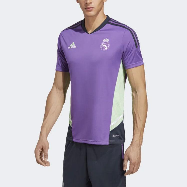 Adidas Colorblock Striped Logo Print V-Neck Short Sleeve Soccer Jersey Men Tops Purple HT8809