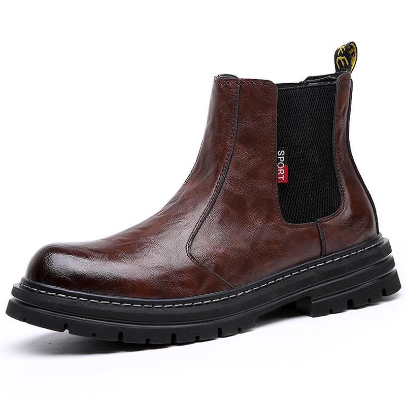Men's Winter Martin Boots: Trendy Genuine Leather, Plush Lining, Retro Thick-Soled Chelsea Design for Warmth and Comfort.