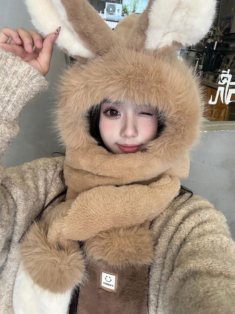 Rabbit Ears Hat Season Girl Scarf Gloves Integrated Hooded Scarf Cute Thickened Warm Plush Three-piece Set