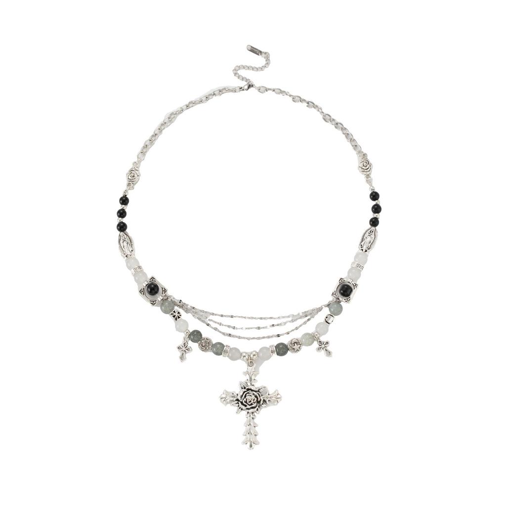 Sweet Cool Style Spice Girl Cross Beaded Rose Flower Fringed Necklace Vintage Heavy Industry Necklace Niche Personality Items