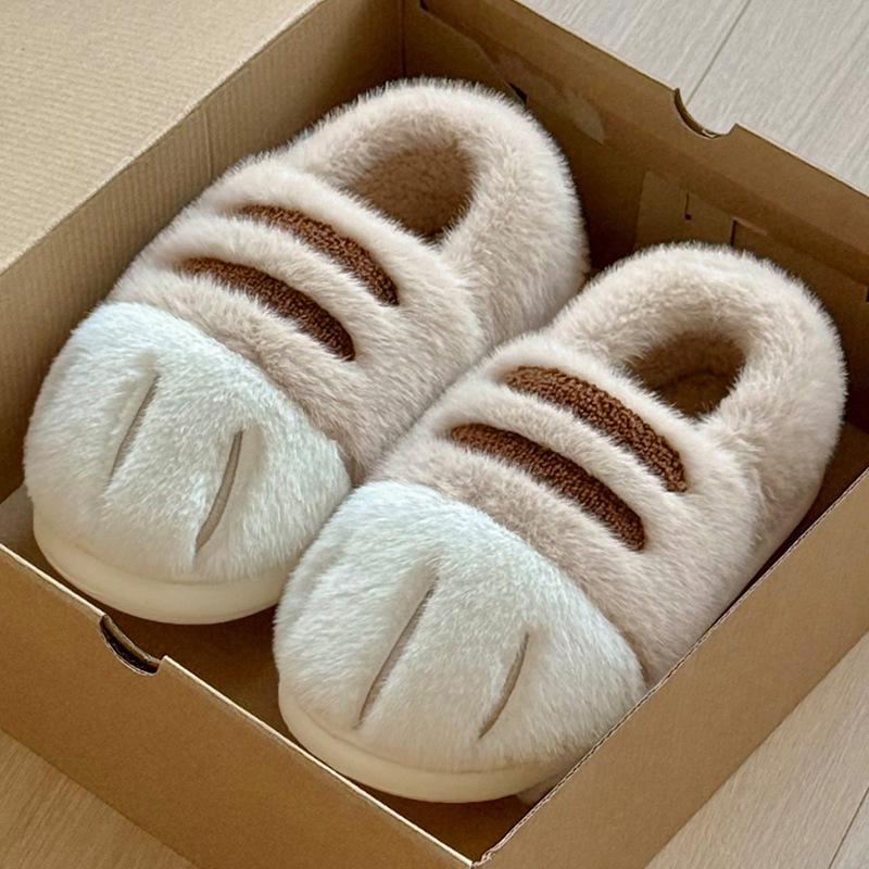 Women's Cute Cat Paw Cotton Slippers - Winter Indoor Non-Slip Full Heel Fur Slippers for Parent and Child