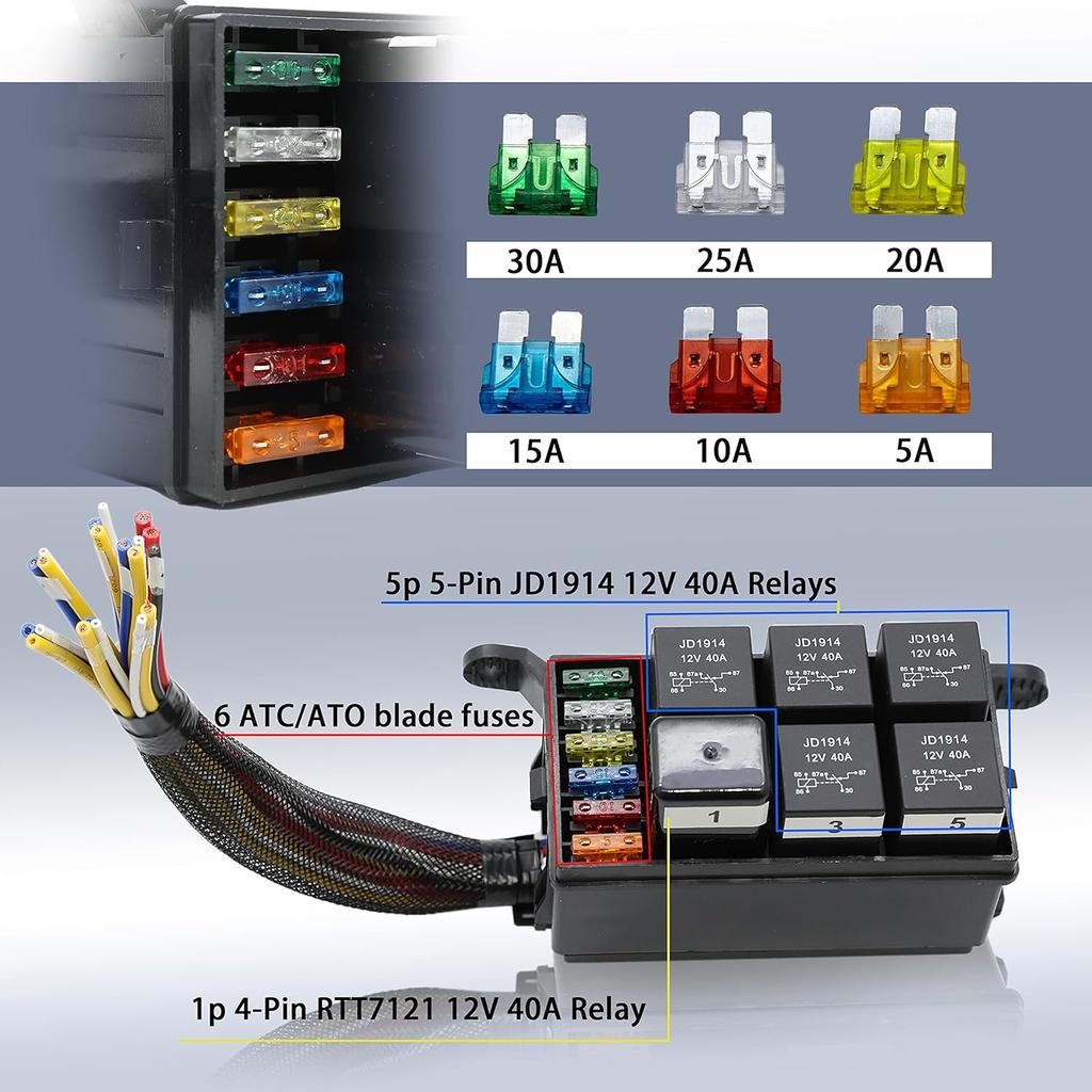 WYPabiqis 12V Automotive Fuse And Relay Box, with Pre-Wires, Fuse Relay Block, Universal Fuse Block and Relay Kit for Cars Trucks Marine Boat