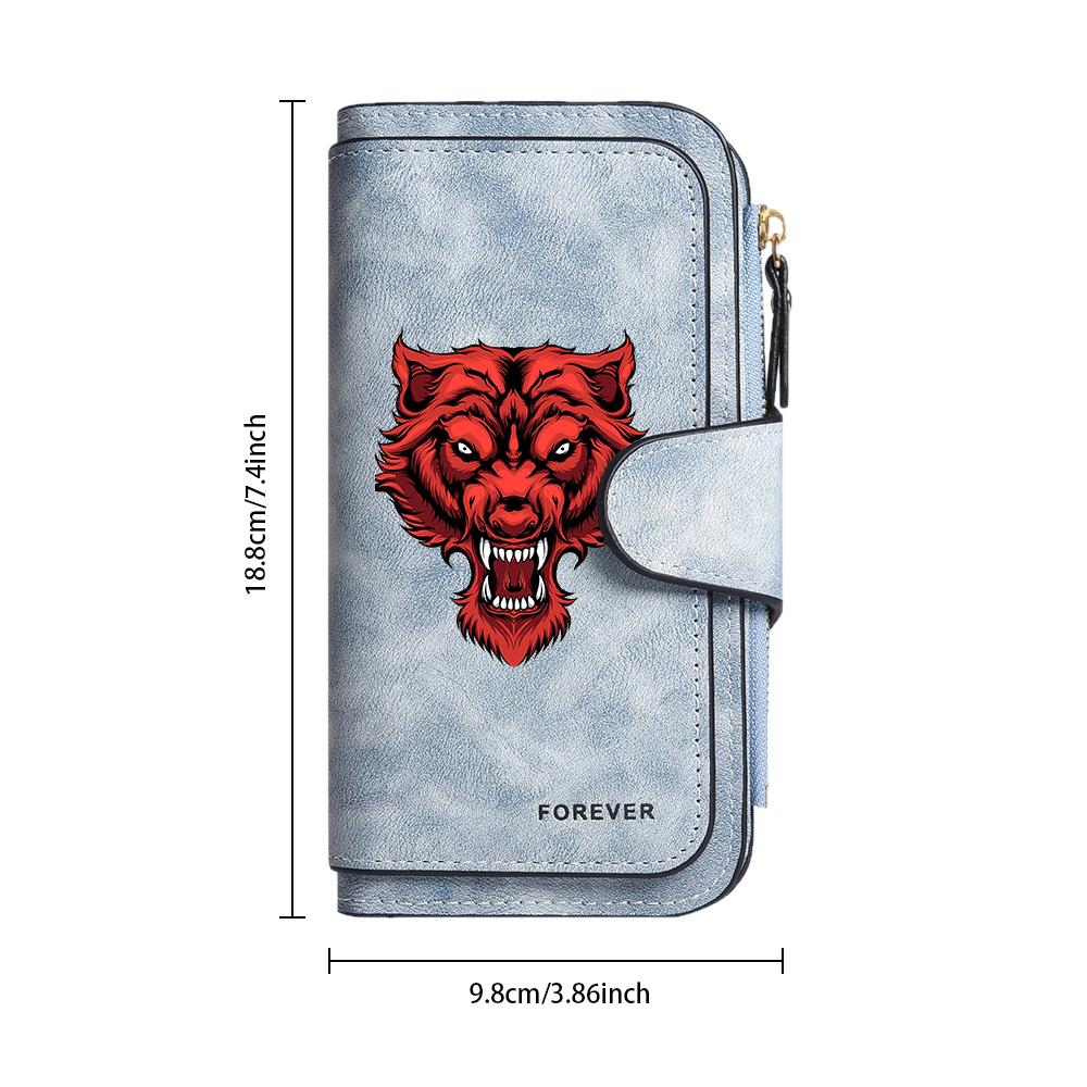 Men's Cool Wolf Pattern Long Wallet Multi Card Slots Fashion Casual Portable Durable Zipper Purse