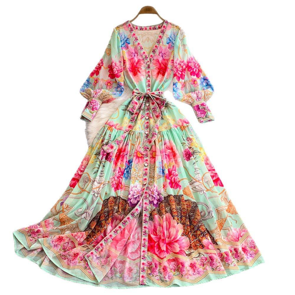 Fashionable V-neck Single-breasted Cinched Waist Women's Dress with Lantern Sleeves and Printed Pleats