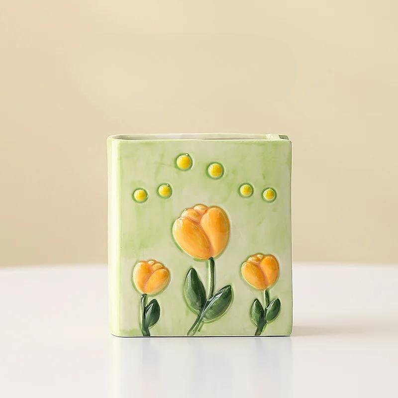Porte-stylo en céramique Tulipe | Porte-rangement 3D en relief en forme de livre | Organisateur de pinceaux de maquillage et pièce décorative