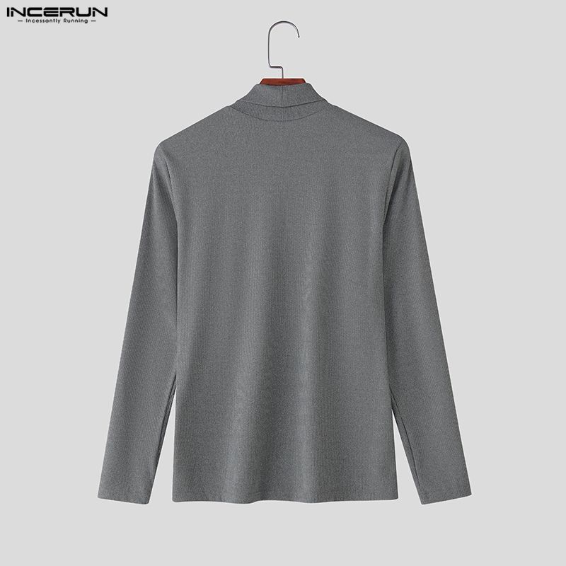 INCERUN S-5XL Men Long Sleeve Ribbed Fitted Pullover Tops Autumn Spring Undershirts