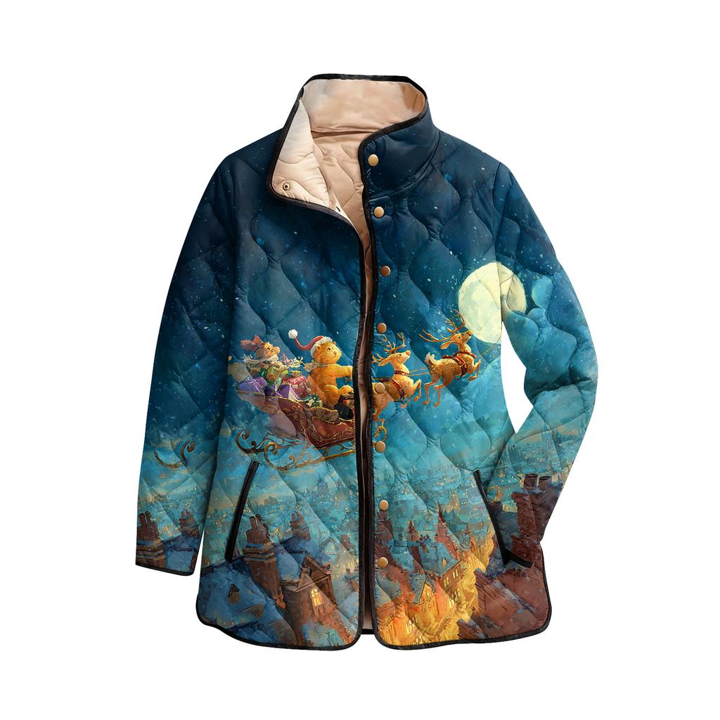 Dámský vánoční potisk s vysokým límcem polstrovaný bavlněný kabát s dlouhým rukávem a zapínáním na knoflíky