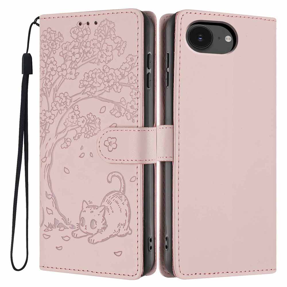 For iPhone 16e Stand Case Tree-and-Cat Pattern PU Leather Wallet Protective Phone Cover with Wrist Strap