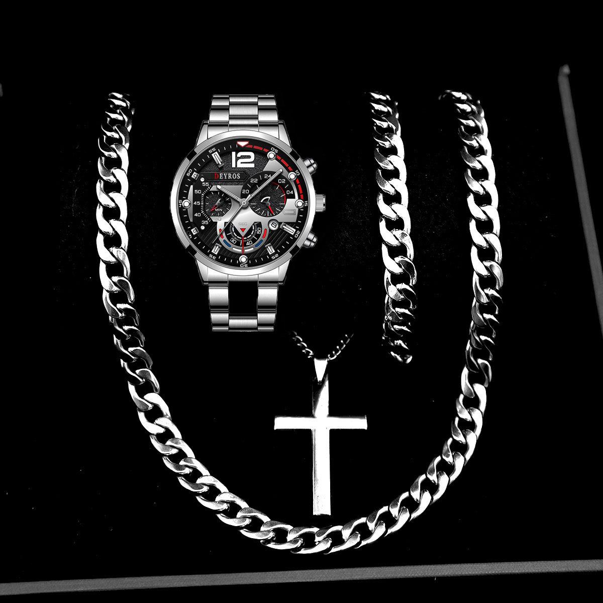Watch Four-Piece Men S Accessories Watch Necklace Bracelet Cross Necklace Men S Quartz Watch