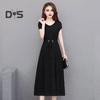 Summer Lady Dress Round Neck A-line Short Sleeves Slim Waist Plus Size Pure Color Slim Fit Mid-calf Length OL Commute Midi Dress