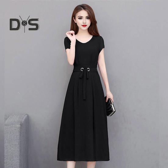 Summer Lady Dress Round Neck A-line Short Sleeves Slim Waist Plus Size Pure Color Slim Fit Mid-calf Length OL Commute Midi Dress
