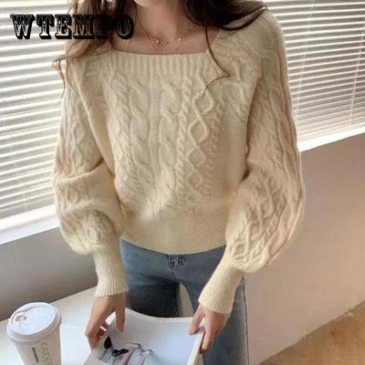 Damen Frühling und Herbst Langarm Lässige Pullover mit quadratischem Ausschnitt Übergröße Einfarbig Vielseitige Lockere Strickoberteile