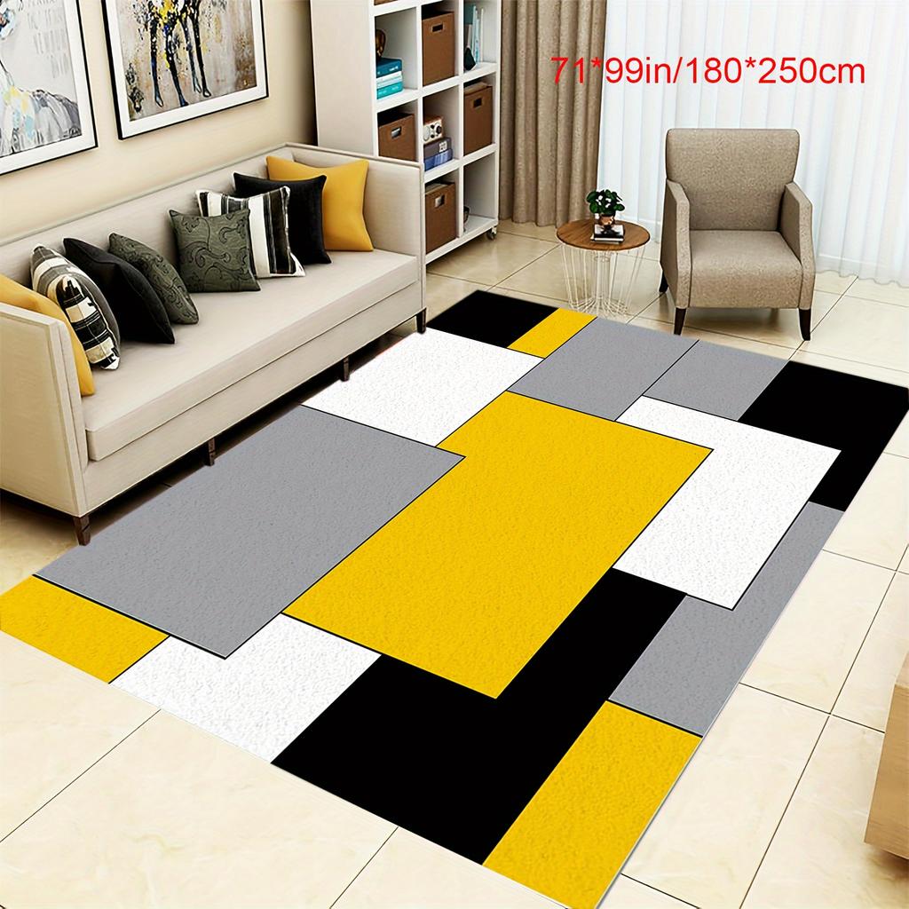 Large Plush Crystal Velvet Area Mat - Black, Yellow & Gray Geometric Grid Pattern, Non-Slip Backing, Machine Washable for Living
