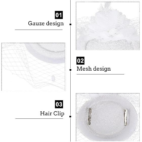 Lurrose Vintage White Plume Flower Pillbox Hat with Veil, Wedding Fascinator Headwear for Women, Cocktail Party and Special Occasion Accessory