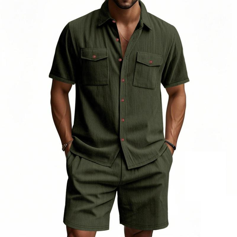 Summer Men's Solid Color Pocket Shirt, Short-sleeved Shorts, Two-piece Suit