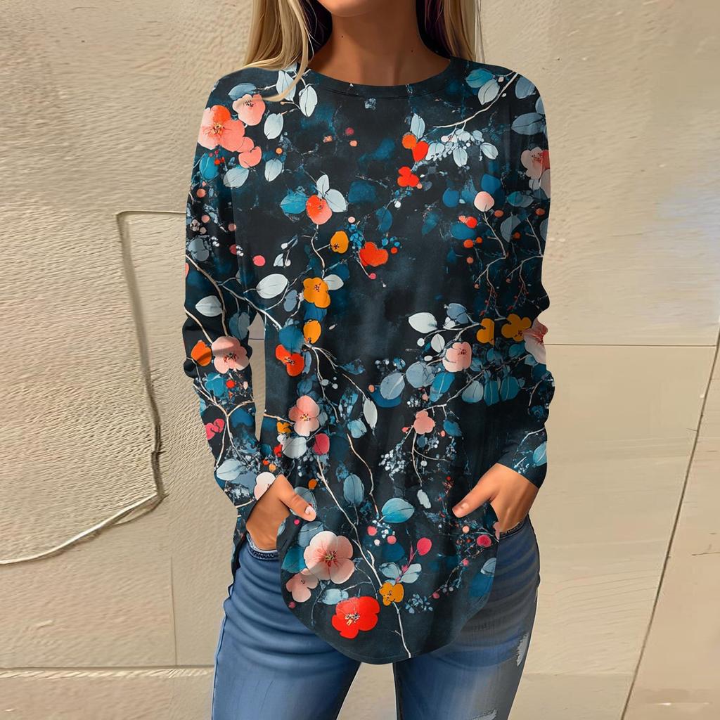 Women's  Loose Casual Flower Printed Round Neck Long Sleeved T Shirt Top Pullover Long Sleeved Sweatshirt