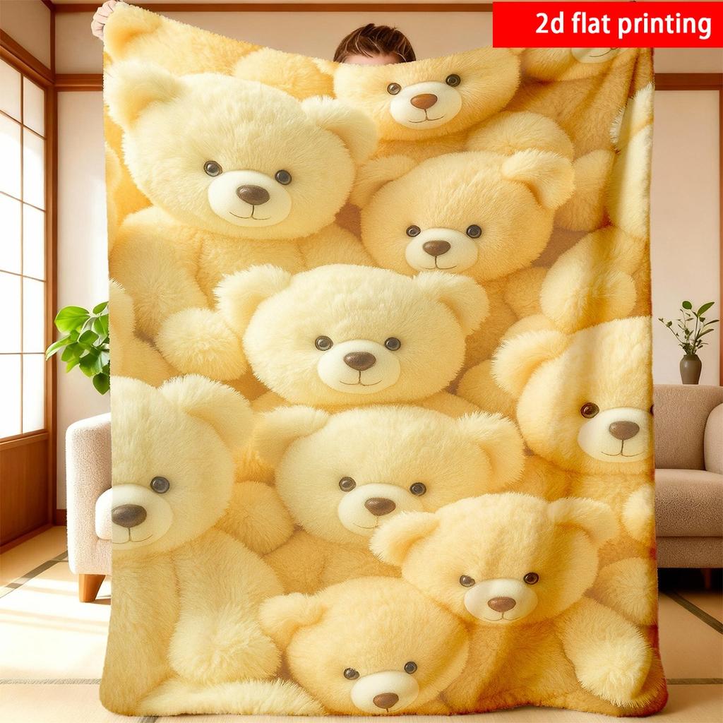2D Flat Printing 1pc Cute Teddy Bear Single-Sided Printed Fleece Blanket Ideal for Sofa Bed Camping Or Office Use Suitable for All Seasons Warm Gift