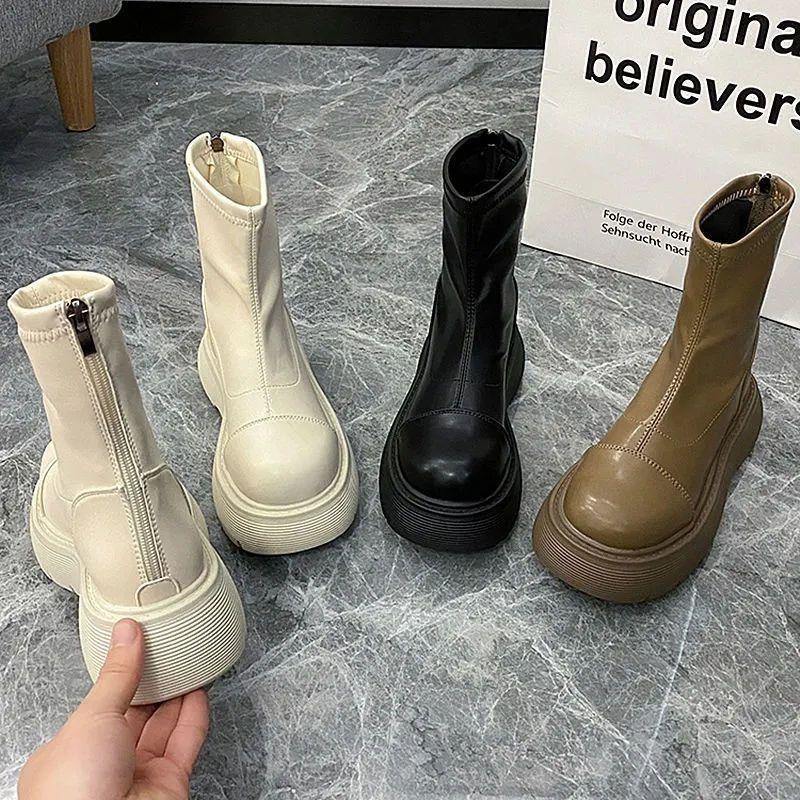 Rear zipper Martin boots's autumn new single boots thick sole heightening versatile British style small short boots