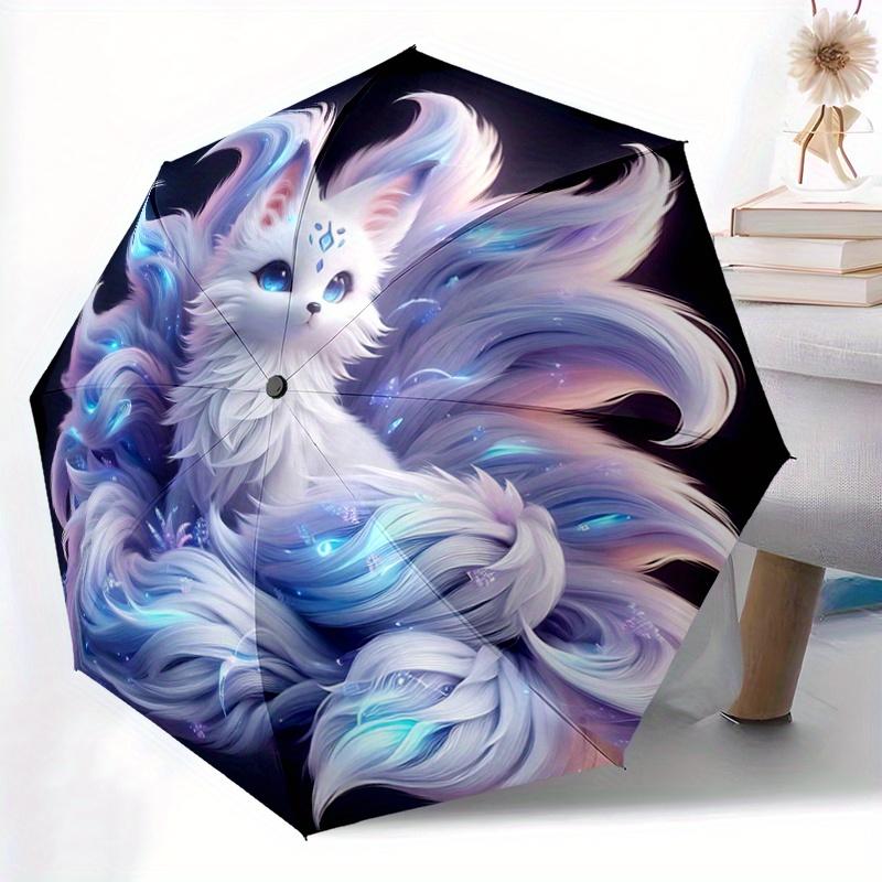 1pc White Nine Tailed Fox Automatic Opening and Closing Umbrella - Suitable for Various Occasions, Outdoor Activities, Lightweight and Durab