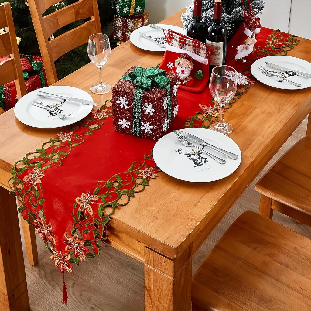 Red Embroidered Hollow Out Christmas Table Runner 38.1x177.8 cm Polyester Machine Woven for Holiday Decor
