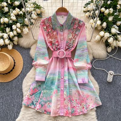 Yaz İlkbahar Kadın Zarif Devrik Yaka Baskılı Fırfırlı Mini Kısa Gömlek Kemerli Parti Elbiseleri